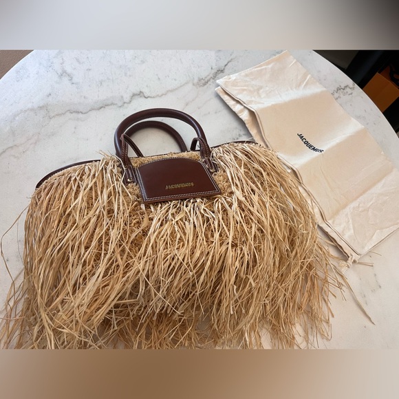 Jacquemus Le Panier Soli fringe raffia tote bag with brown leather trim - Picture 12 of 13